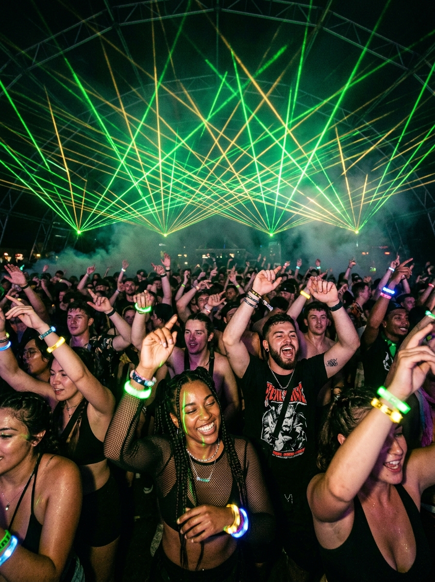 Euphoric crowd dancing under green laser canopy at Drifted Fest