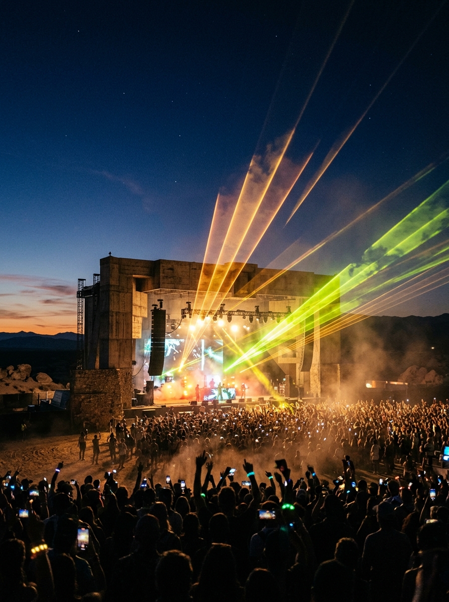 Drifted Fest Monolith Stage in Desert Twilight with Volumetric Amber Lasers